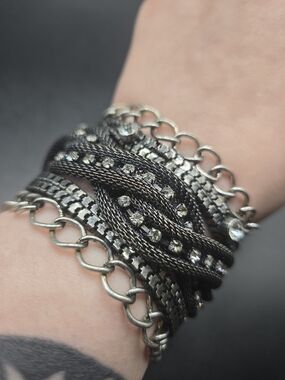 Edgy Rhinestone Multi Chain Statement Bracelet Silver Black Cuff